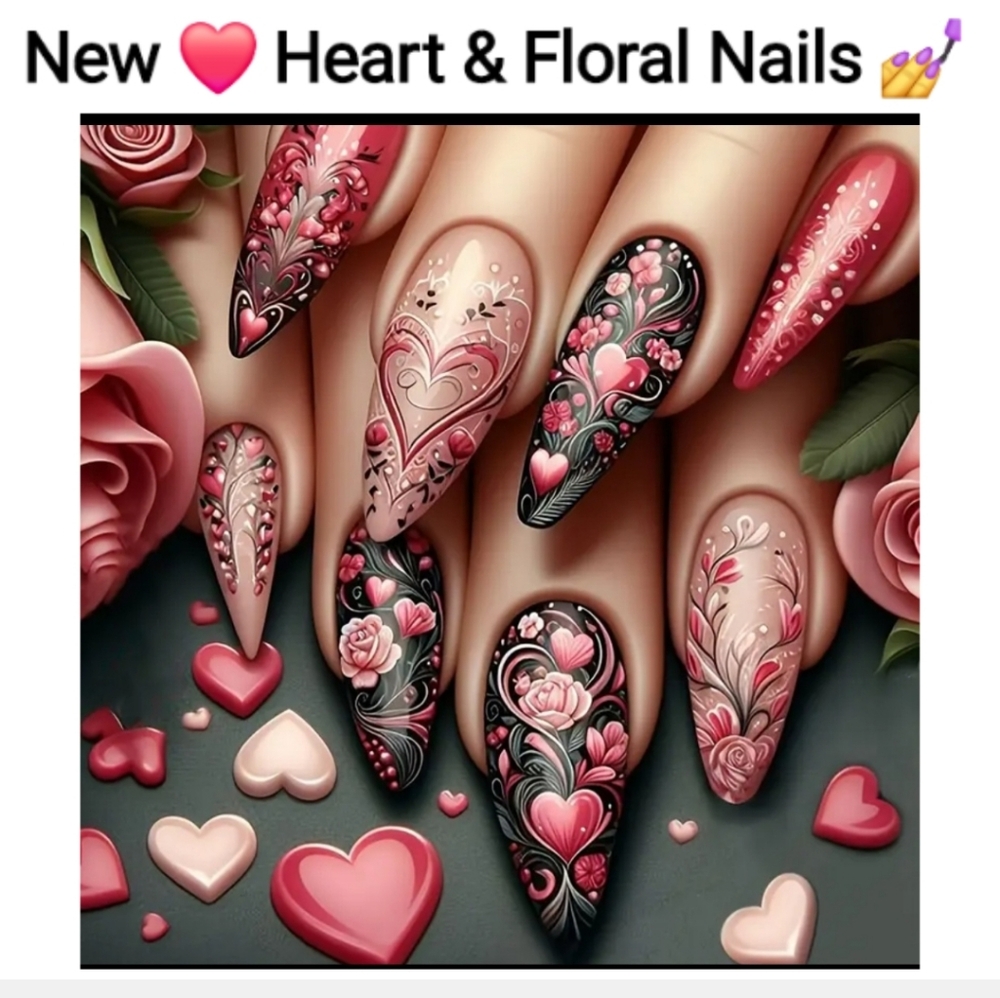 Brand New 24pcs Heart & Floral Press-On Nails, Almond Shaped Medium Length